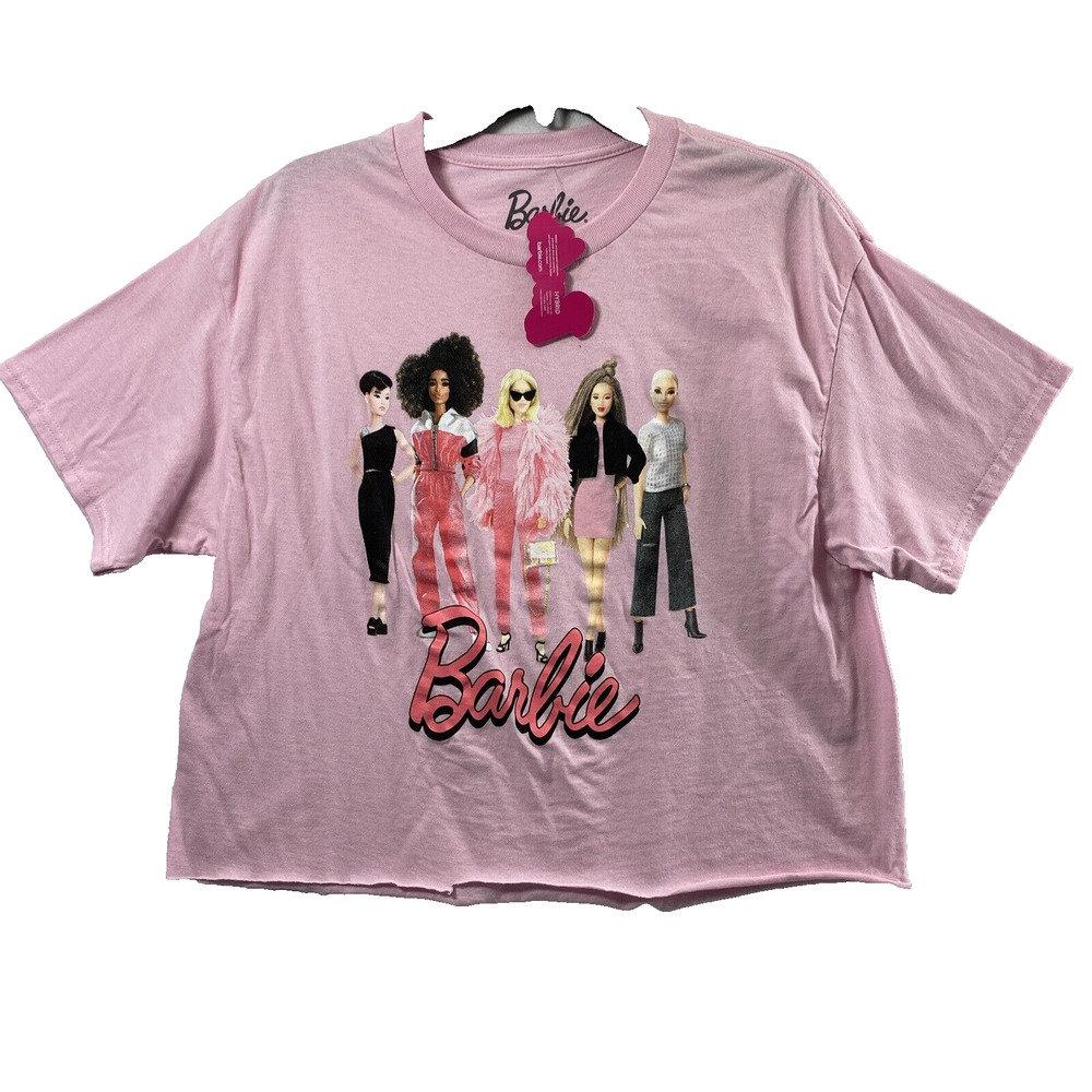 Barbie Top Womens Large Pink Crop T‎ Shirt Shrt Sleeve Raw Hem Mattel Dolls NWT